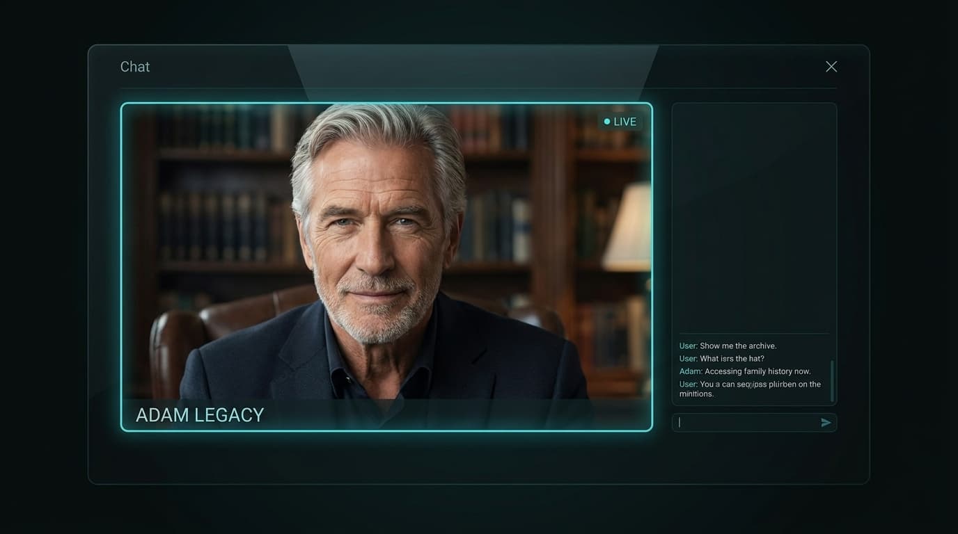Adam legacy console displaying private Knowledge Graph ingestion, fine-tuned persona calibration, voice modeling, and secured multi-generational estate credentials