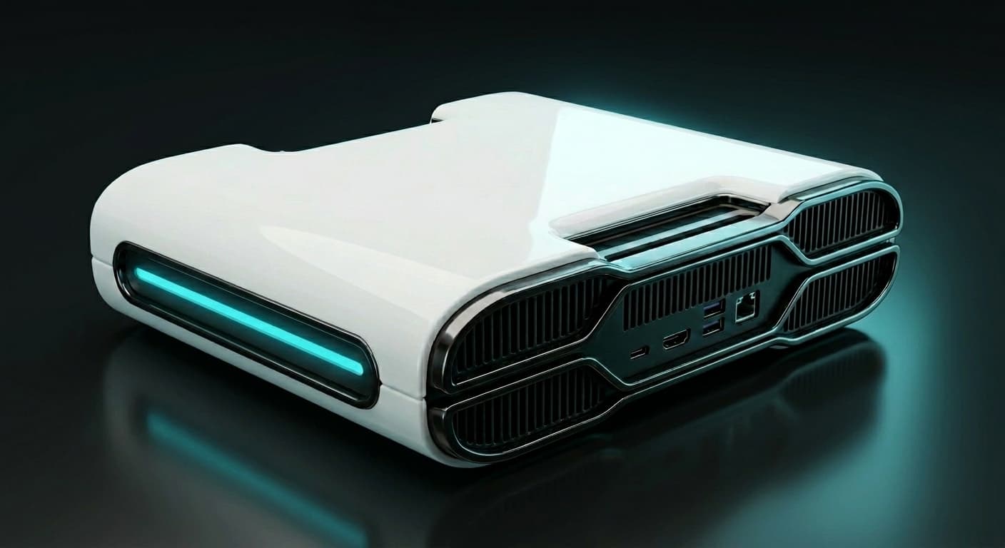 Eve Core private local AI hardware appliance with custom white enclosure, black vents, and cyan neon glow