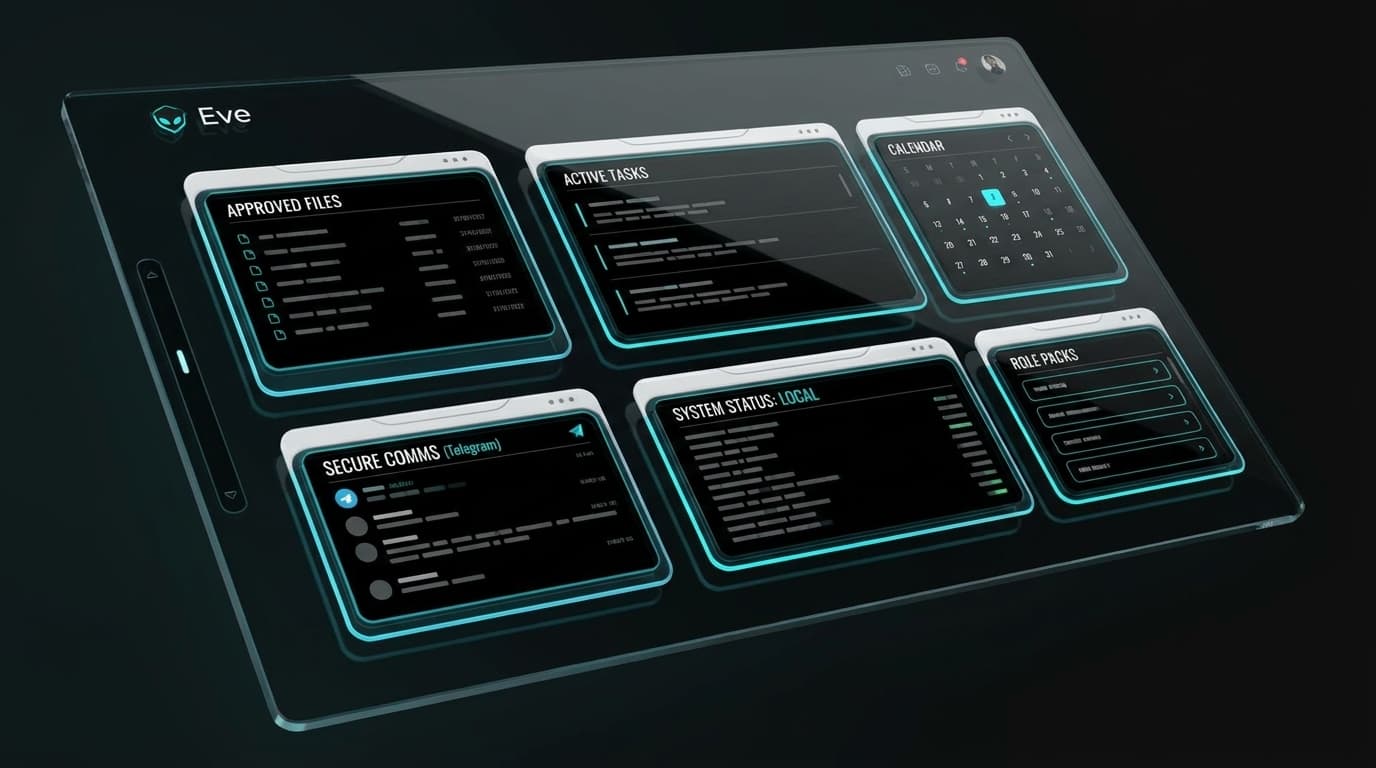 Eve AI dashboard showing approved files, active tasks, calendar, secure comms, system status, and role packs